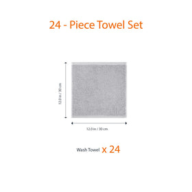 Amazon Basics gray washcloths piled in a 24-pack emphasize value and versatility.