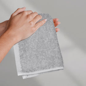 Amazon Basics gray washcloths terry weave closeup highlights softness and durability.