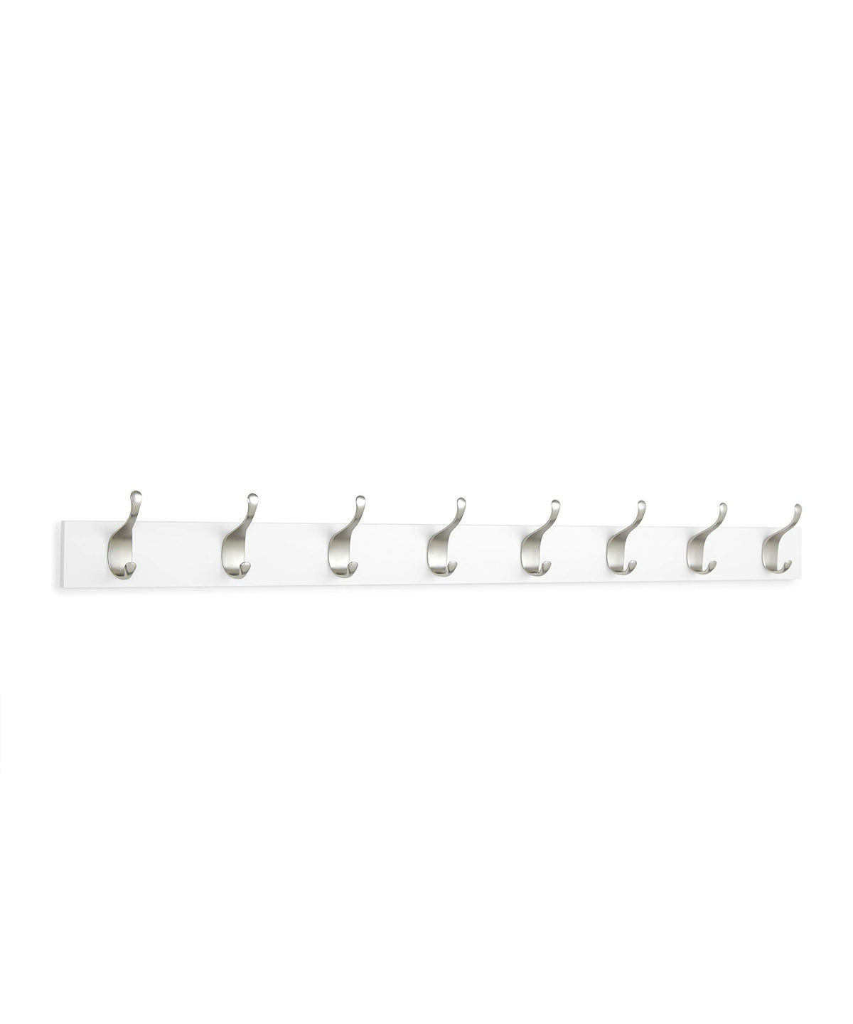 Wood base and eight hooks provide sturdy, space-saving storage for coats and accessories