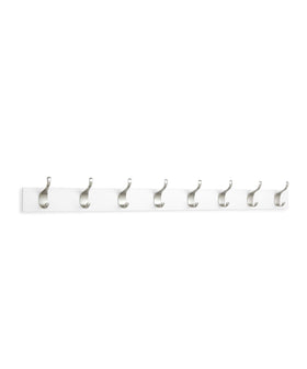 Wood base and eight hooks provide sturdy, space-saving storage for coats and accessories