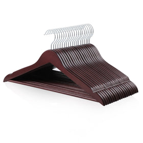 Amazon Basics wood suit hangers with cherry finish for organized closets.
