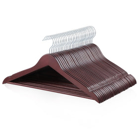 Amazon Basics wood suit hangers in cherry finish, sold in a pack, for organized closets.