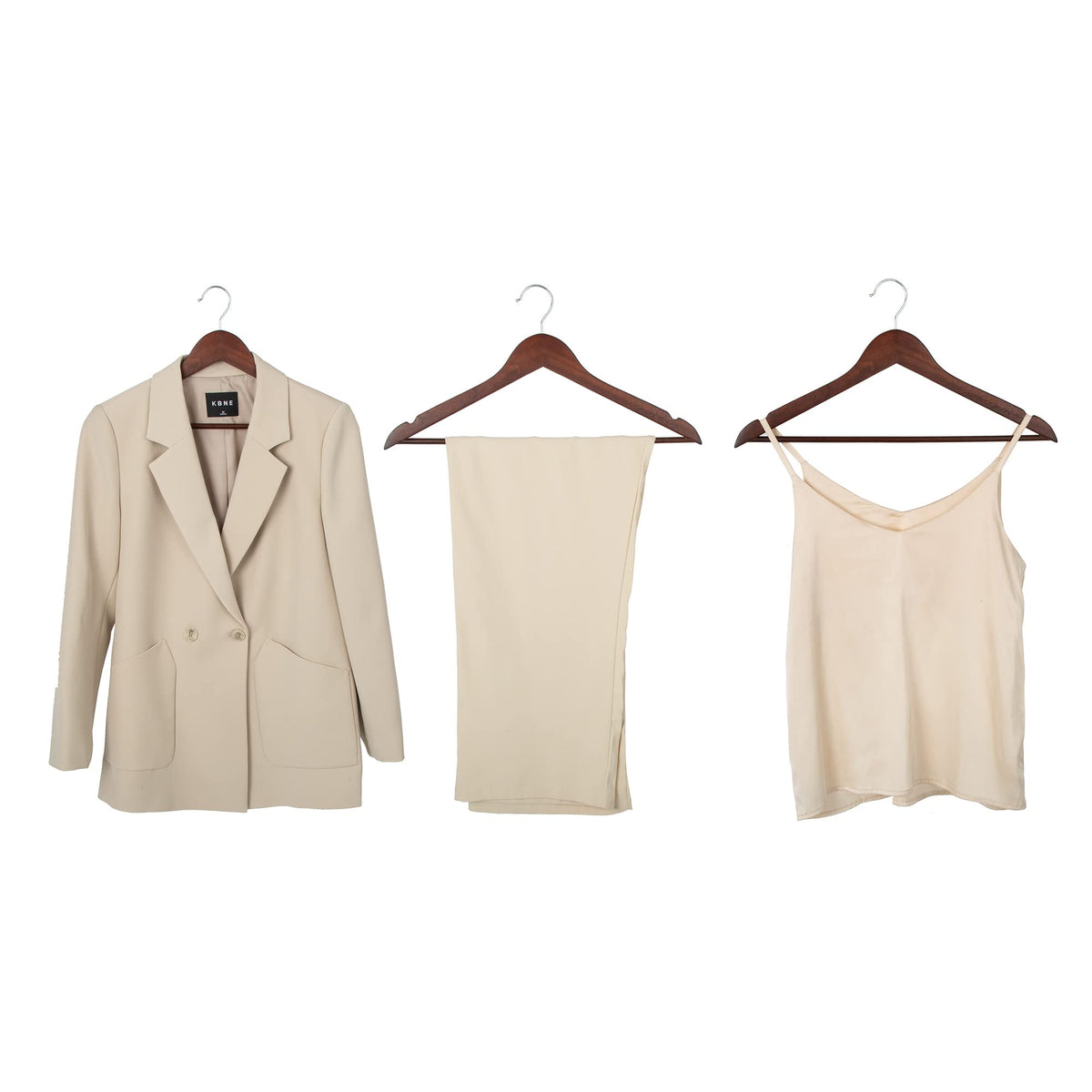 Amazon Basics wood suit hangers offering shoulder support for jackets and coats.