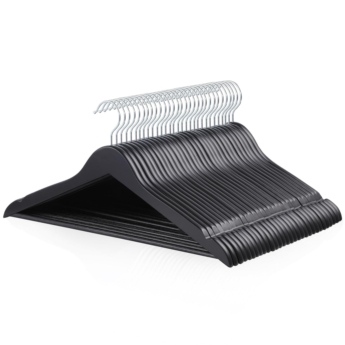 Amazon Basics wood suit hanger close-up with smooth black finish for gentle garment care.