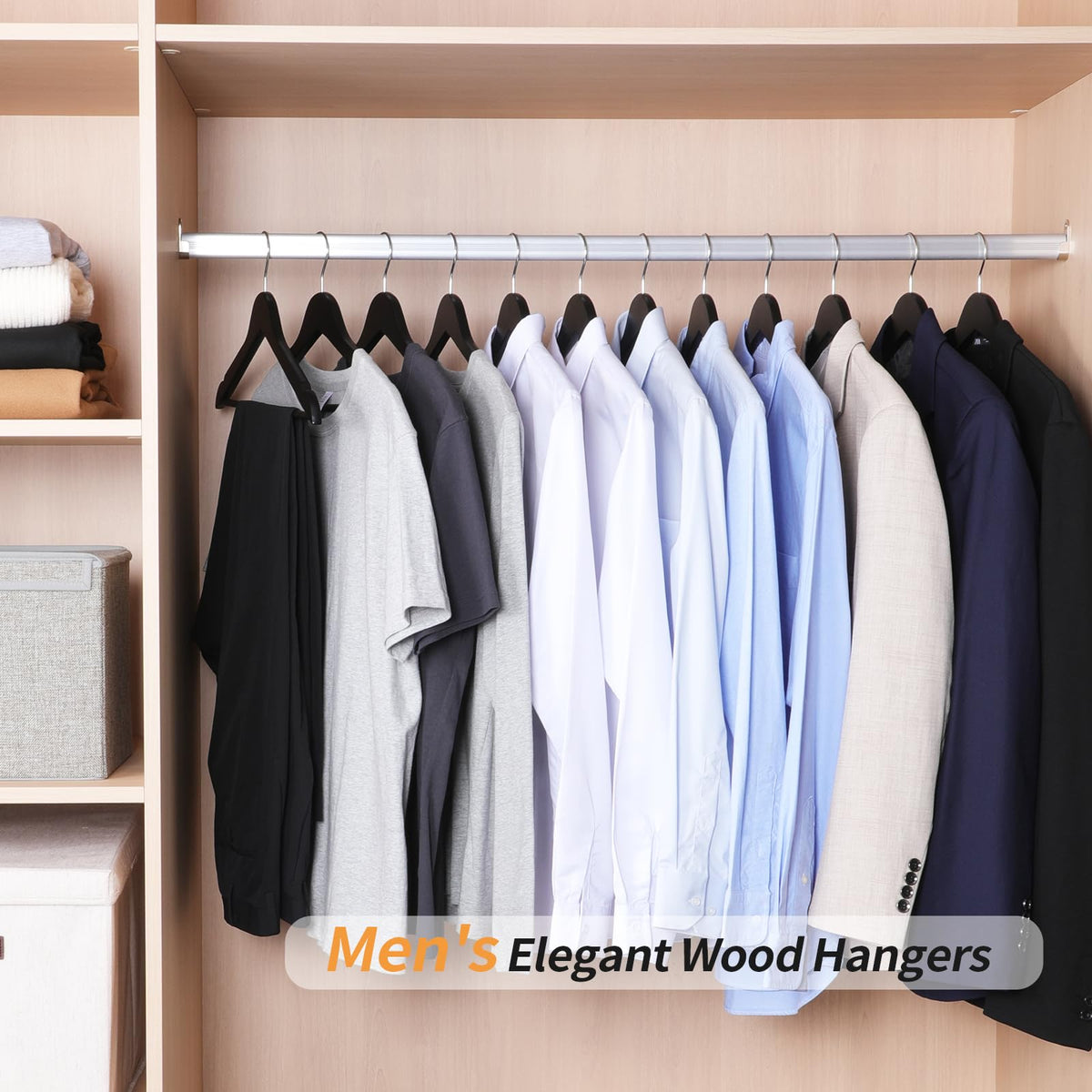 Amazon Basics FSC-certified wood hangers highlight eco-friendly closet choices.