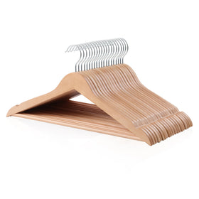 Amazon Basics wood suit hanger front view showing natural finish and sturdy construction