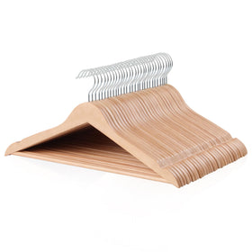 Amazon Basics wood suit hanger with natural finish, front view, keeps suits neat and wrinkle-free