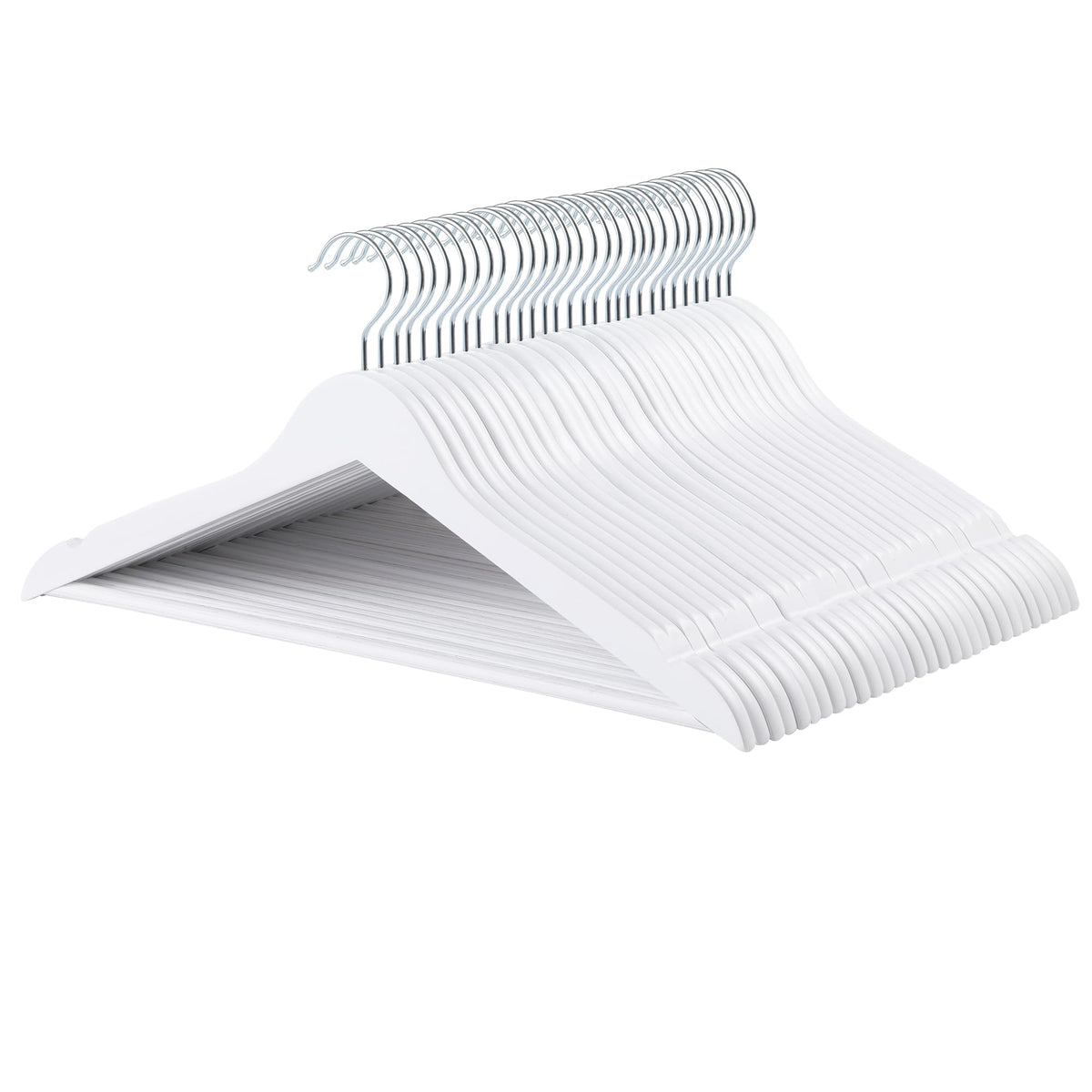 Amazon Basics wood suit hangers with white finish provide sturdy support for suits.