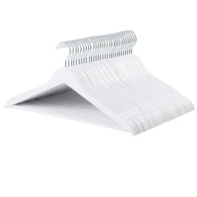 Amazon Basics wood suit hangers with white finish provide sturdy support for suits.