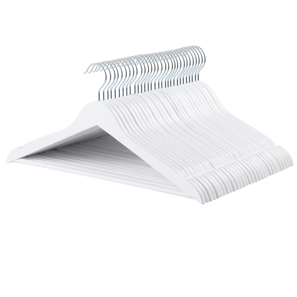 Amazon Basics wood suit hangers with white finish provide sturdy support for suits.