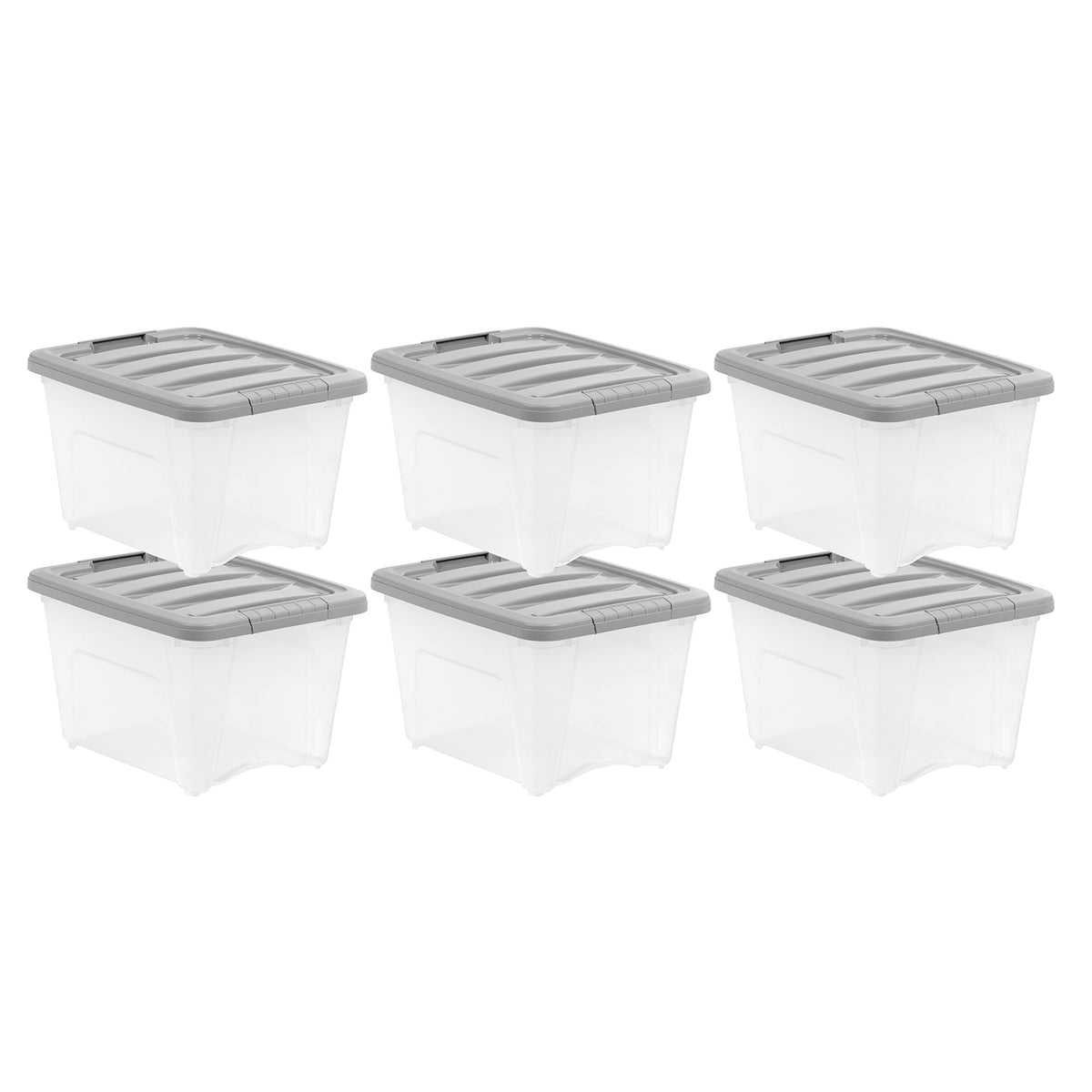Amazon Basics 19-quart clear bin highlighting easy content visibility for quick organization.