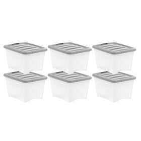 Amazon Basics 19-quart clear bin highlighting easy content visibility for quick organization.