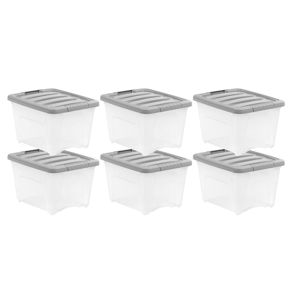 Amazon Basics 19-quart clear bin highlighting easy content visibility for quick organization.