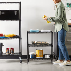 Amazon Basics steel wire rack shows sturdy construction for heavy items