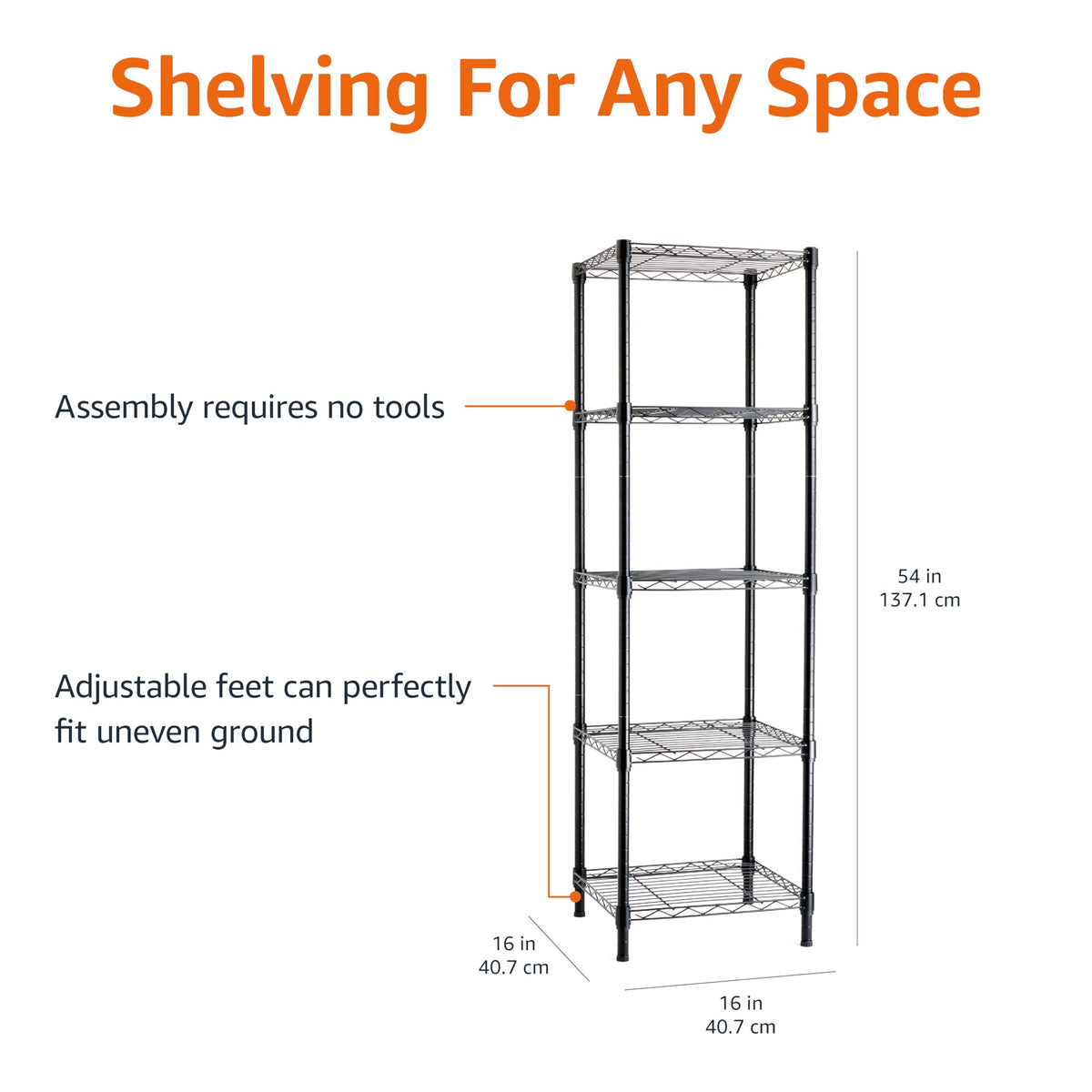 Amazon Basics 5-Shelf Tower black-finish protects against rust and blends with home décor.