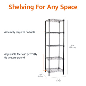 Amazon Basics 5-Shelf Tower black-finish protects against rust and blends with home décor.