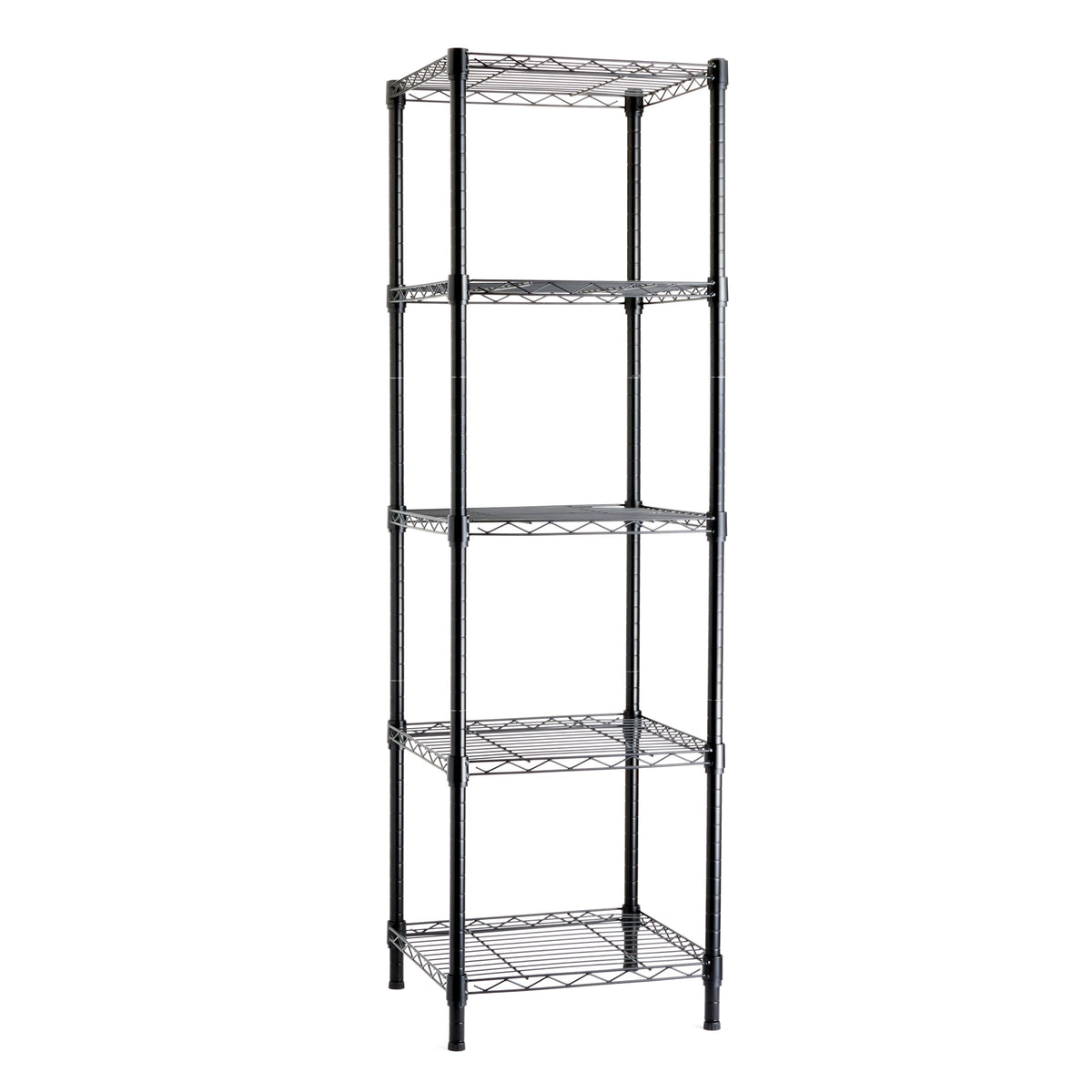 Amazon Basics 5-Shelf Tower assembly in the garage enhances compact storage.