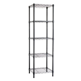 Amazon Basics 5-Shelf Tower assembly in the garage enhances compact storage.
