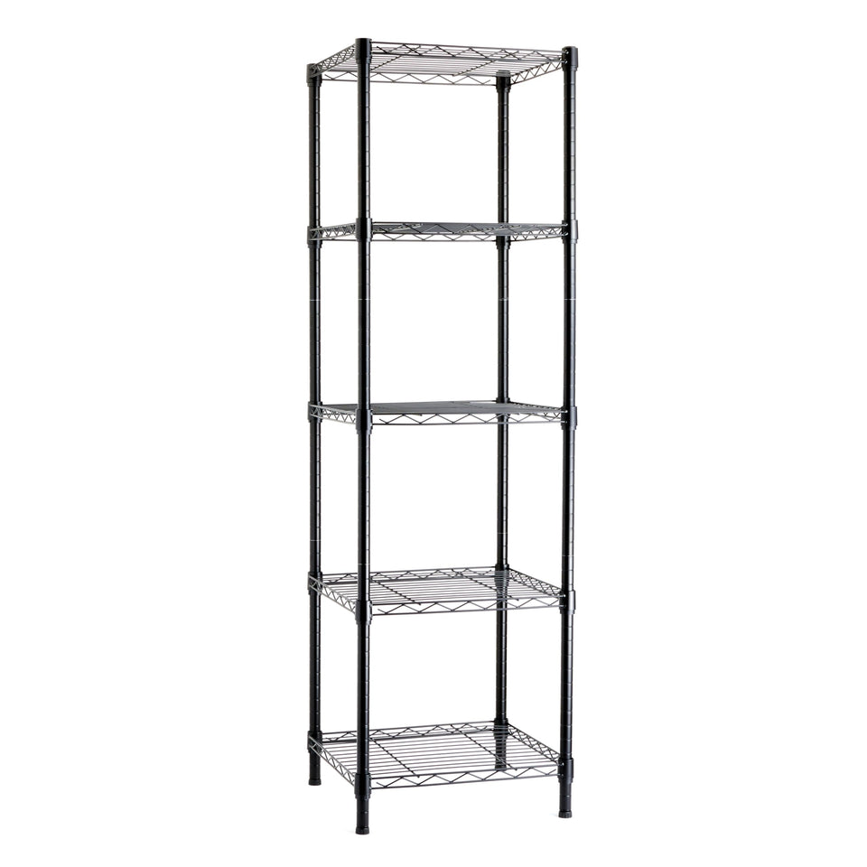 Amazon Basics 5-Shelf Tower assembly in the garage enhances compact storage.