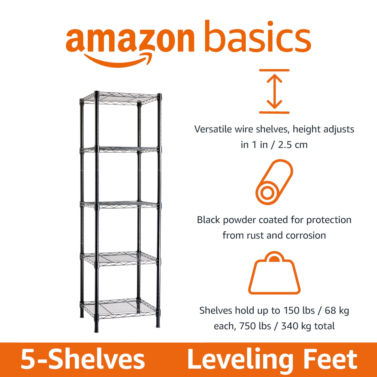 Amazon Basics 5-Shelf Tower steel-construction highlights rust-resistant steel for durable storage.