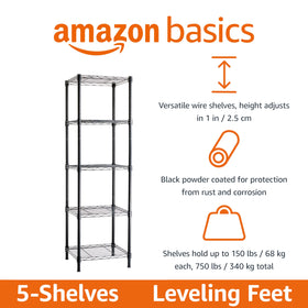 Amazon Basics 5-Shelf Tower steel-construction highlights rust-resistant steel for durable storage.