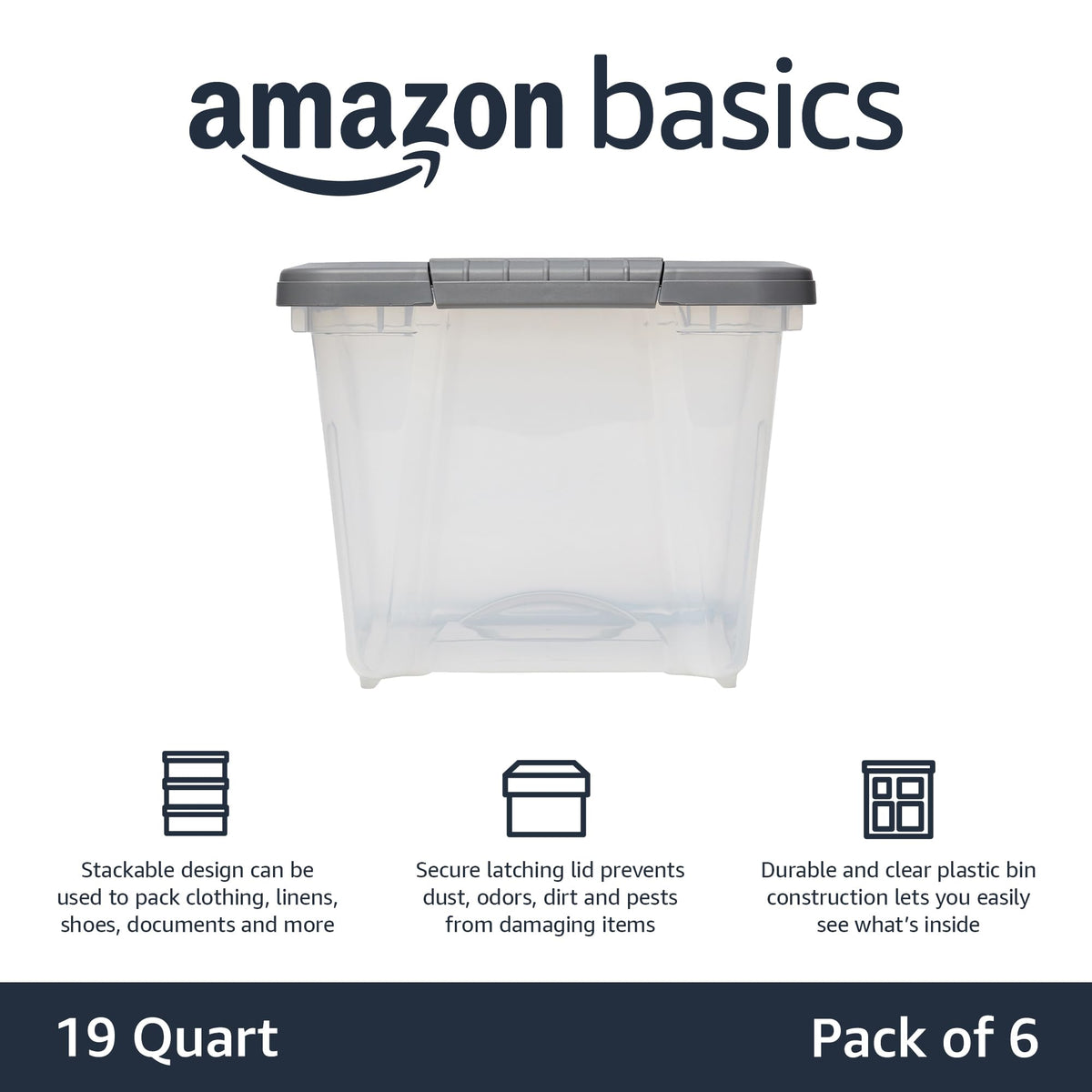 Amazon Basics bin with latching lids demonstrating secure closure to protect items.