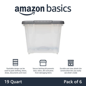 Amazon Basics bin with latching lids demonstrating secure closure to protect items.