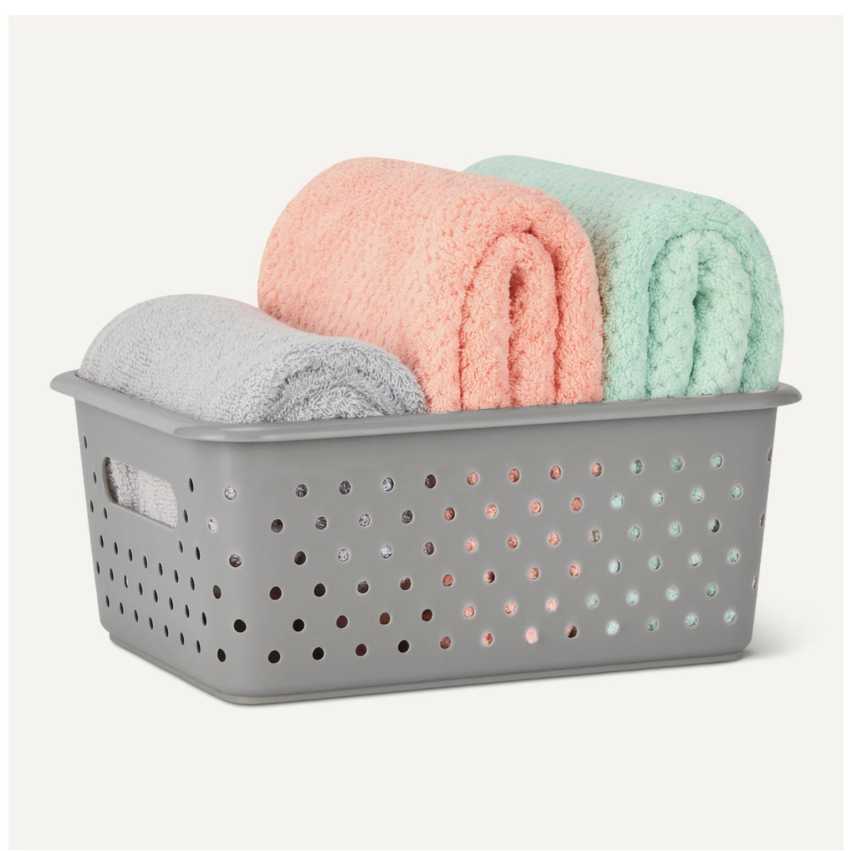 Amazon Basics BPA-free plastic basket in grey for everyday use.