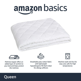 Amazon Basics breathable poly-cotton fabric topper enhances airflow under the sheets
