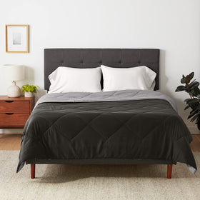 Amazon Basics comforter blanket with reversible Black and Grey sides for all-season use.