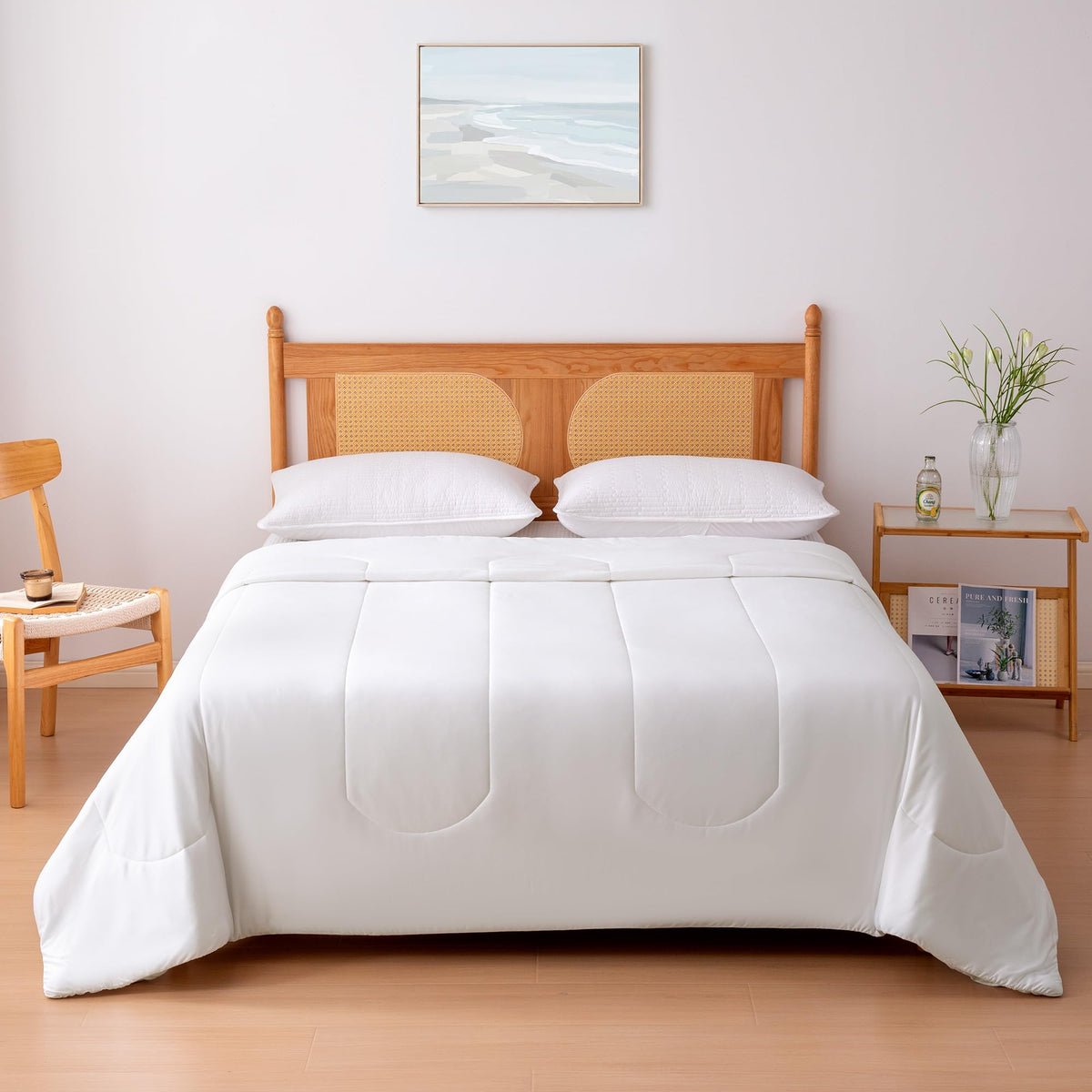 Amazon Basics Cooling Comforter close-up fabric shows breathable, cooling fibers for hot sleepers.