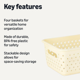 Amazon Basics ivory baskets stacked for compact storage in small spaces.