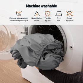 Amazon Basics easy care label highlights machine wash compatibility.