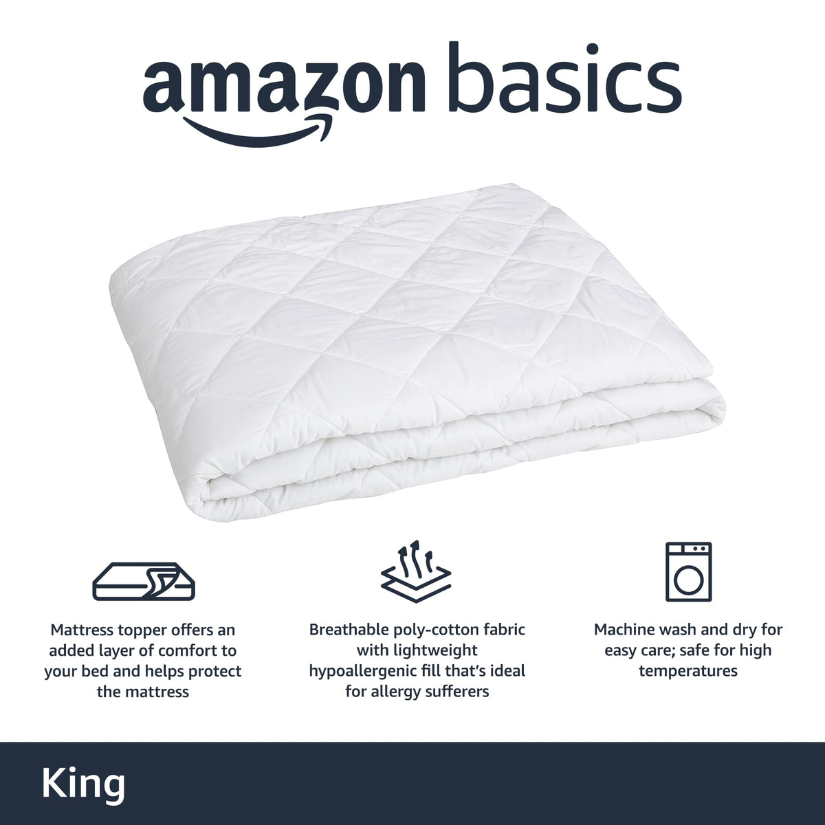 Amazon Basics king-size topper with elastic sides for a secure, snug fit.