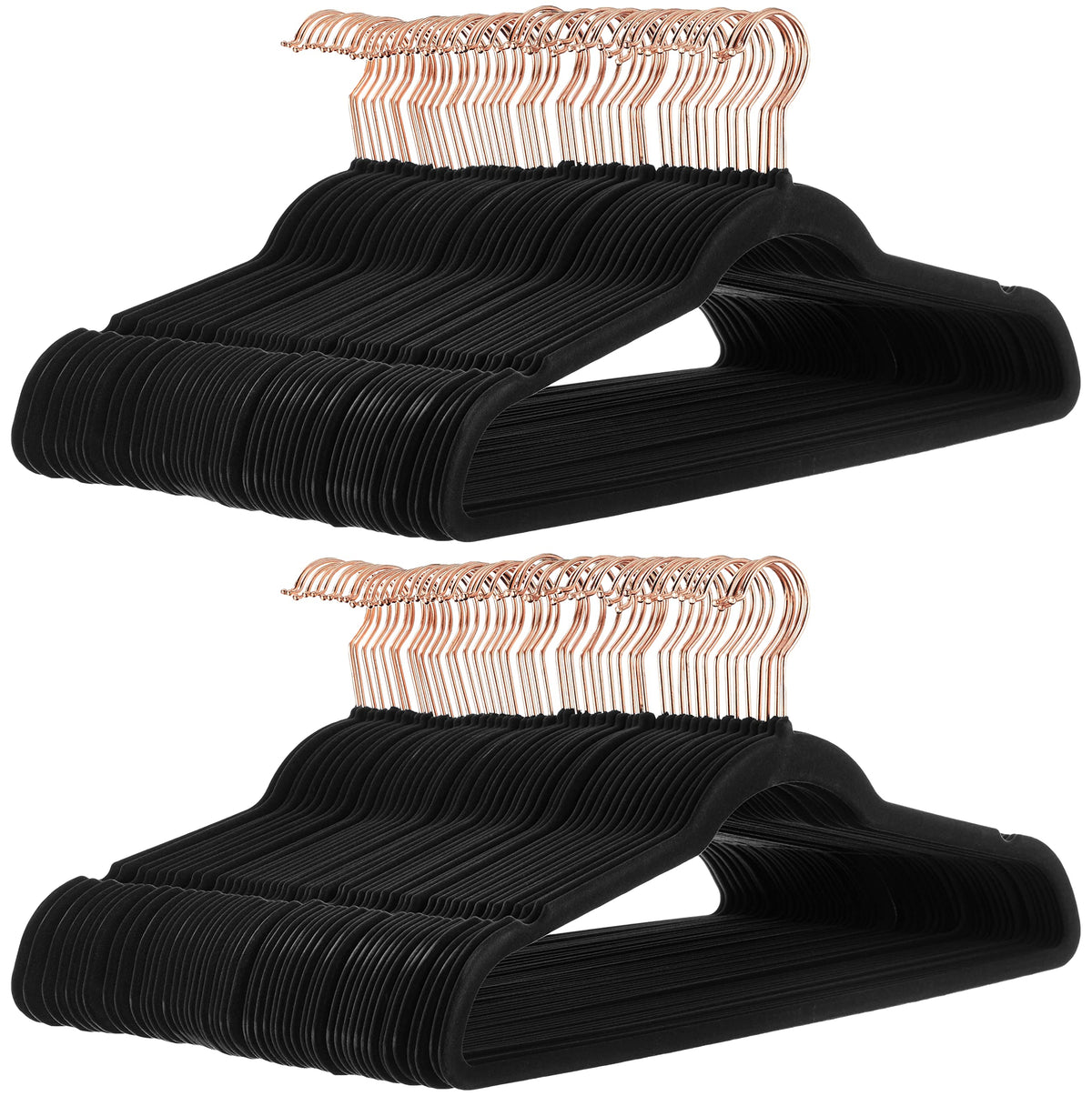 Amazon Basics slim velvet non-slip hangers show space-saving closet organization for shirts and jackets.