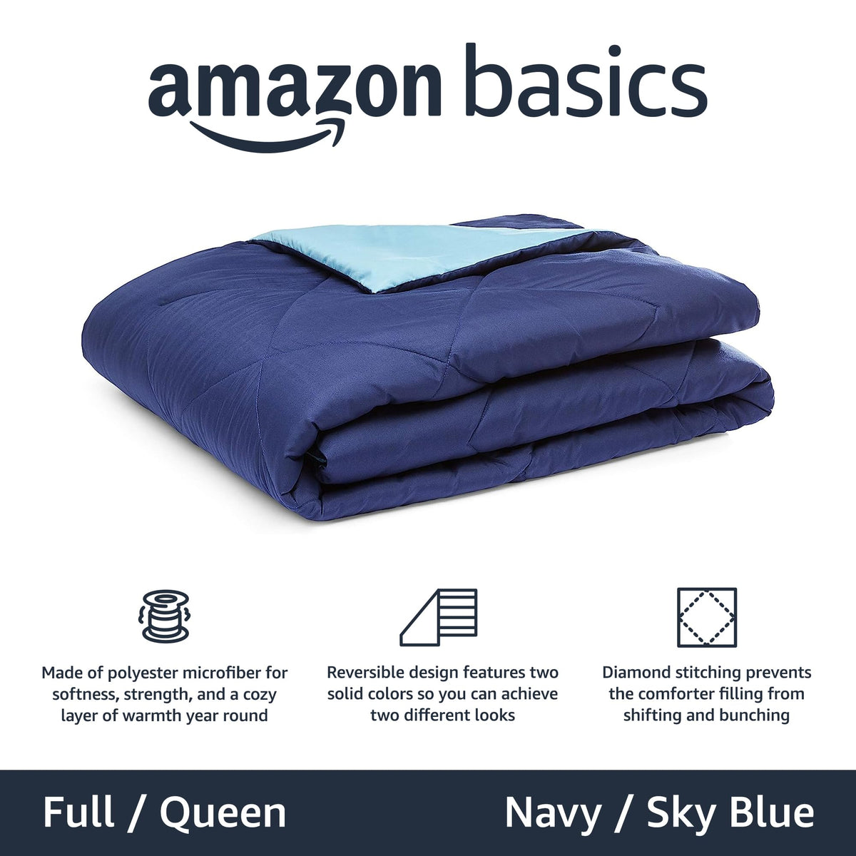Amazon Basics soft reversible comforter in sky blue for easy styling.