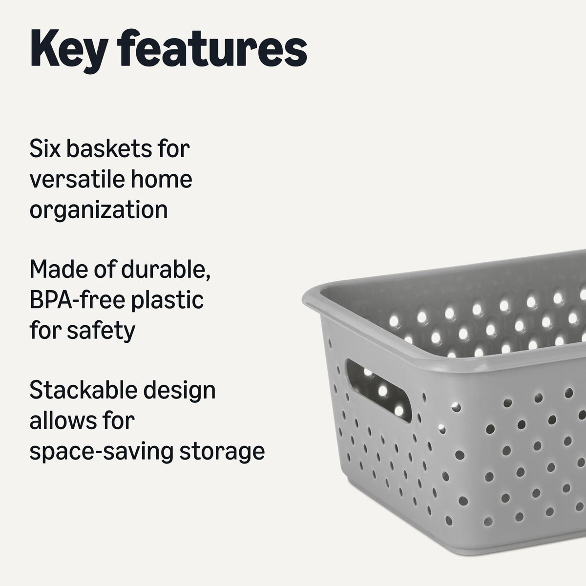 Amazon Basics stackable grey storage basket saves shelf space.