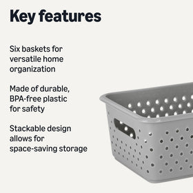 Amazon Basics stackable grey storage basket saves shelf space.