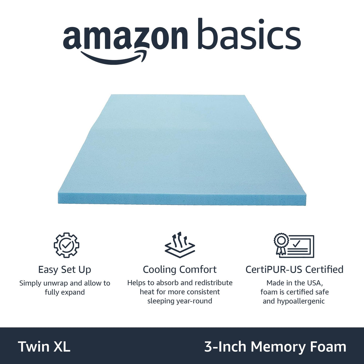 Amazon Basics twin XL topper close-up shows CertiPUR-US foam for durable support