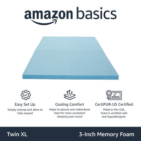 Amazon Basics twin XL topper close-up shows CertiPUR-US foam for durable support