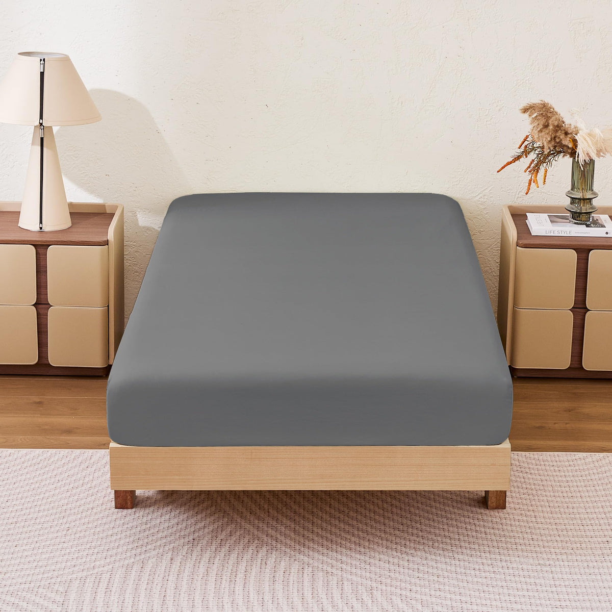 Amazon Basics soft fitted sheet, queen size, dark gray, two-pack, comfortable and snug fit.