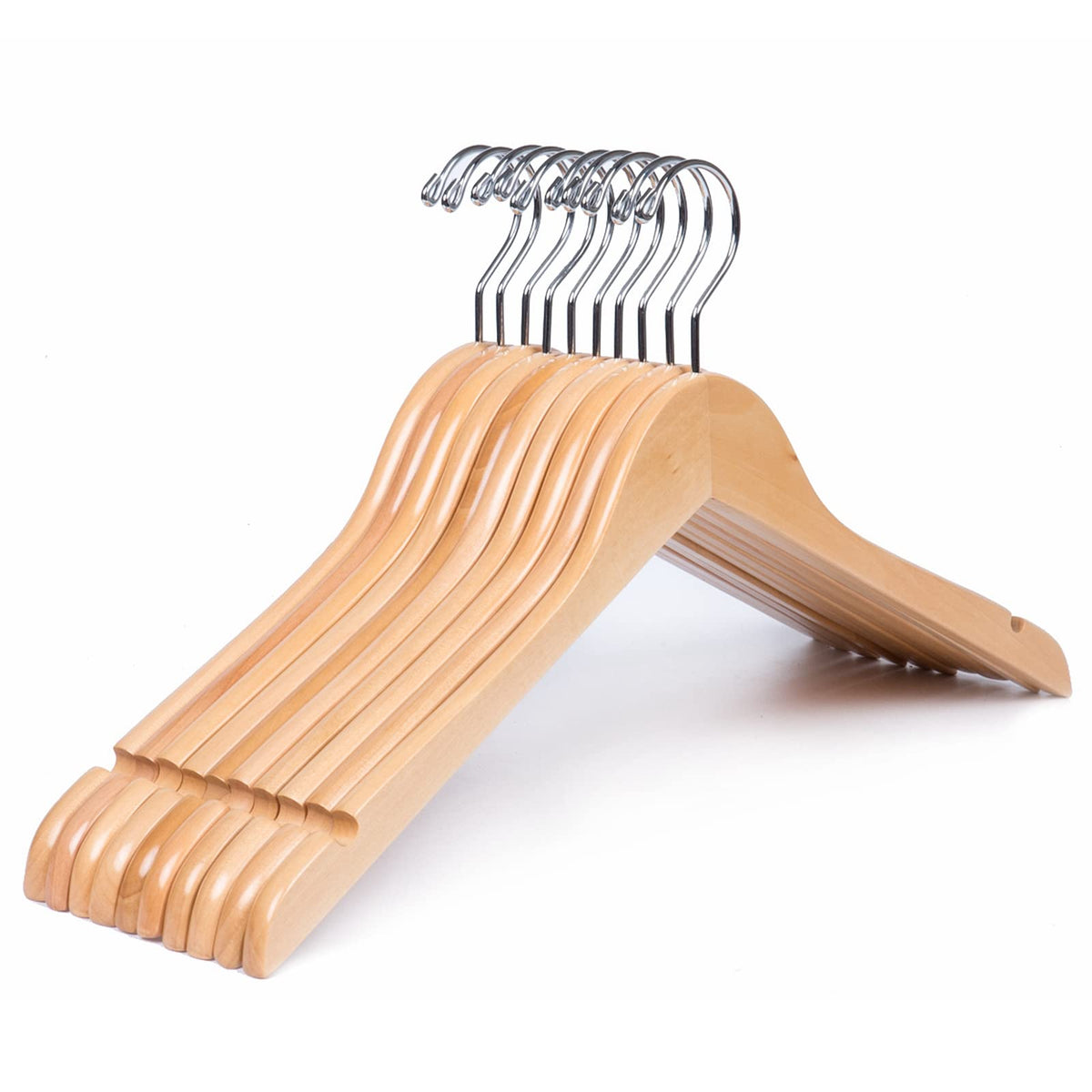 Amber Home 10-pack natural wooden shirt hangers with flat head for organized closet space.
