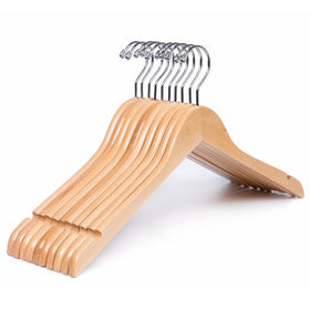 Amber Home 10-pack natural wooden shirt hangers with flat head for organized closet space.