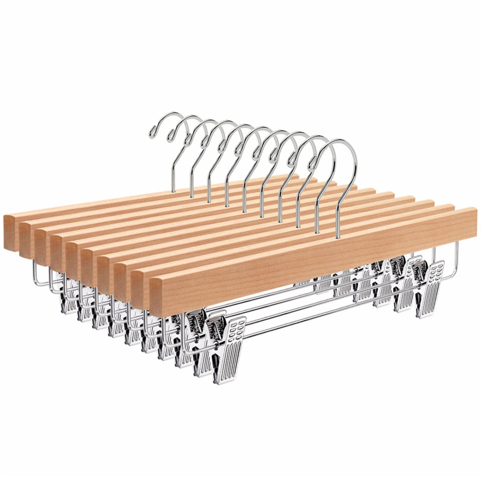 Amber Home 10-pack wooden pants hangers with clips, 14-inch natural finish for organized wardrobes.