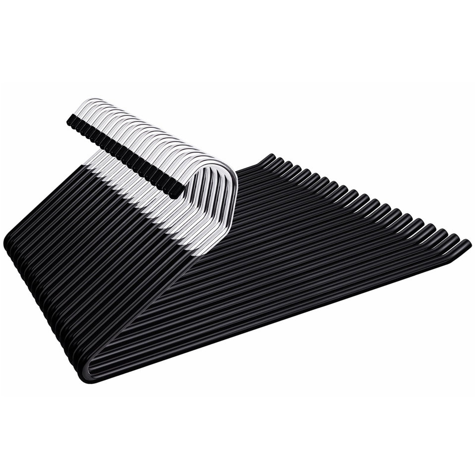 Amber Home 20-pack black metal pants hangers with a 15-inch width for secure closet storage.