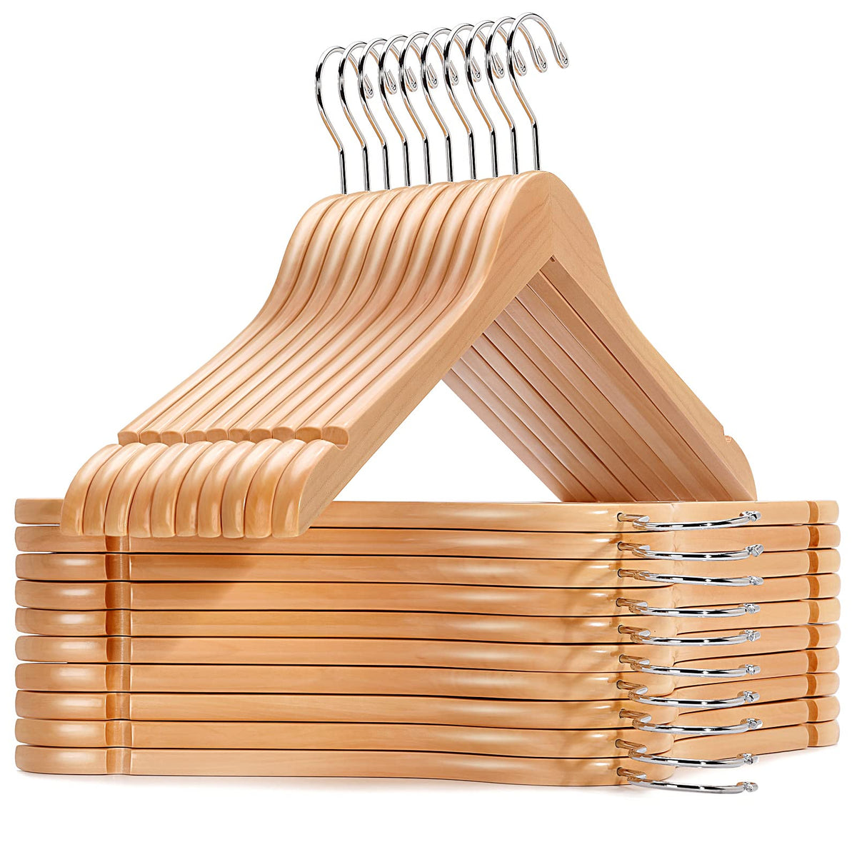 Amber Home 20-pack natural wooden hangers full view showing uniform closet organization