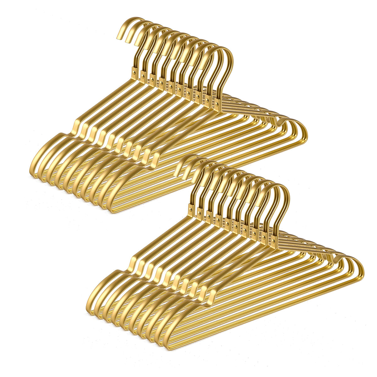 Amber Home 20-pack matte gold hangers pack shot organized closet.