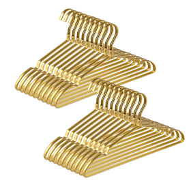 Amber Home 20-pack matte gold hangers pack shot organized closet.