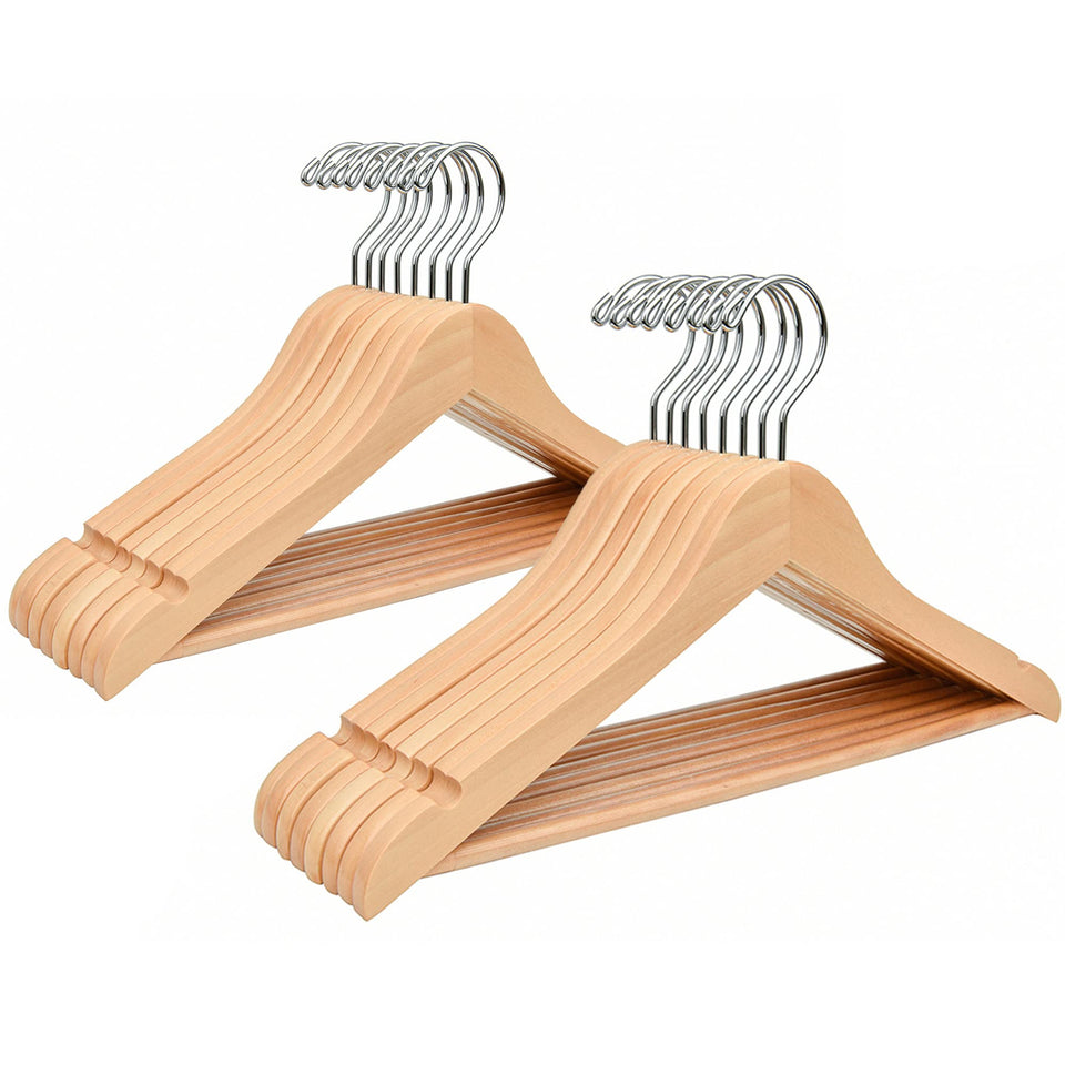 Amber Home 20-pack natural wood hangers front view, ideal for organized closet spaces