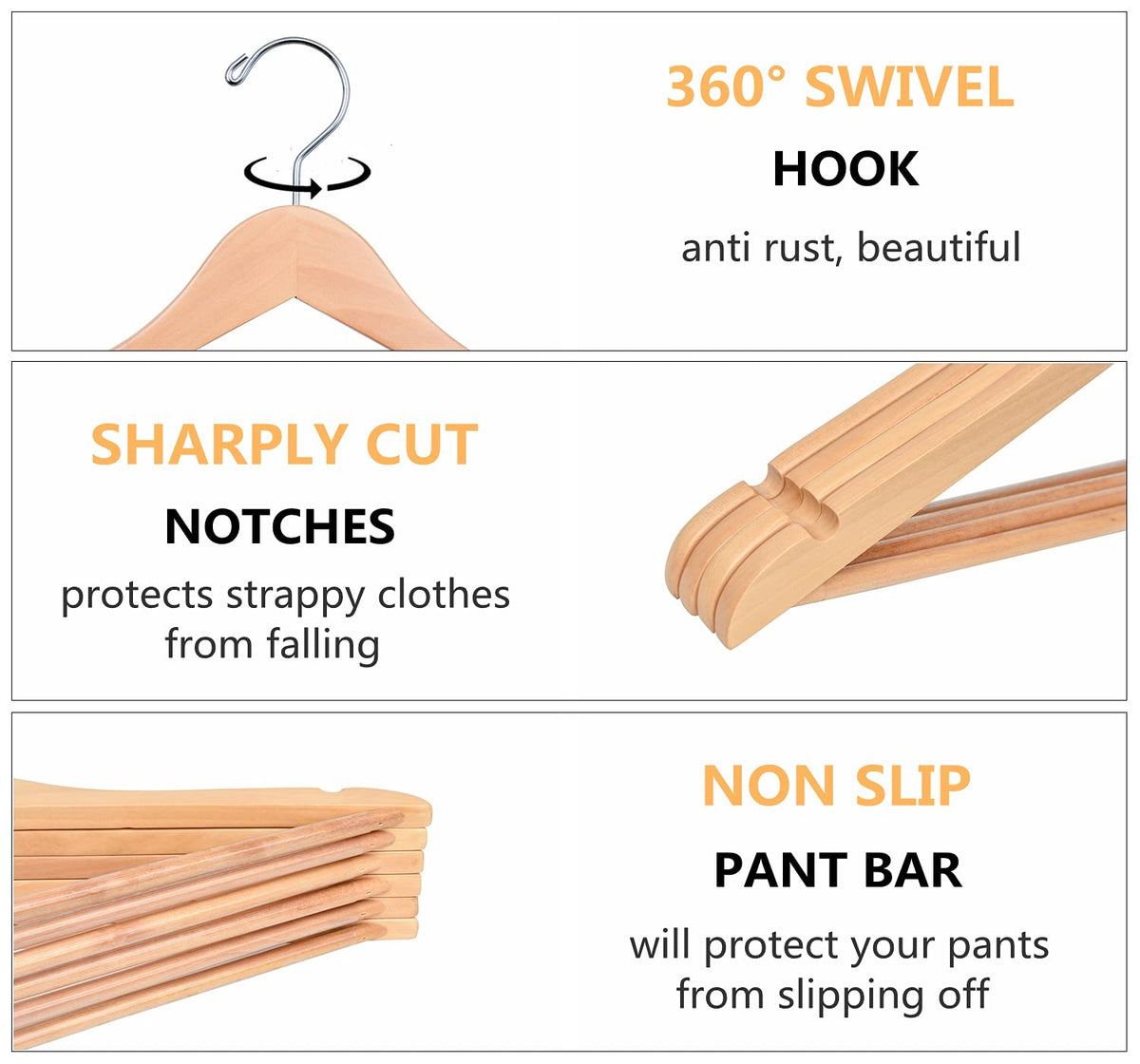 Amber Home 20-pack natural wood hangers with notches prevent strap slippage